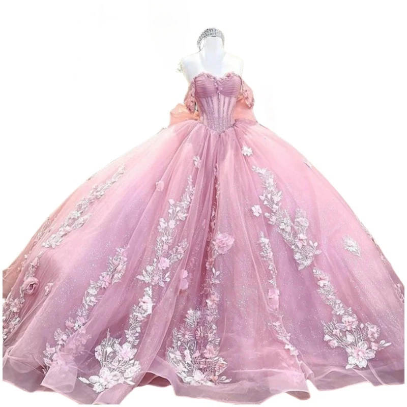 Real Picture Pink 15 Quinceanera Dresses Flower Sweet 16 14 Prom Gown Off Shoulder Evening Dresses Puffy Birthday Party Dress