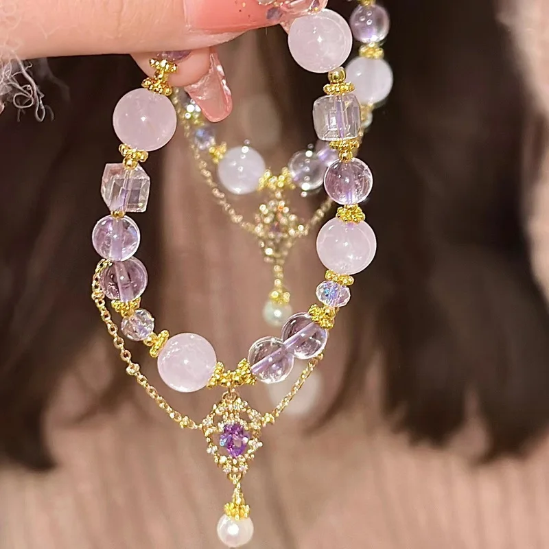 Pulseras de lujo con cuentas de cristal púrpura para mujer, pulseras con colgante de borla de mariposa elegante, joyería de muñeca para niña dulce