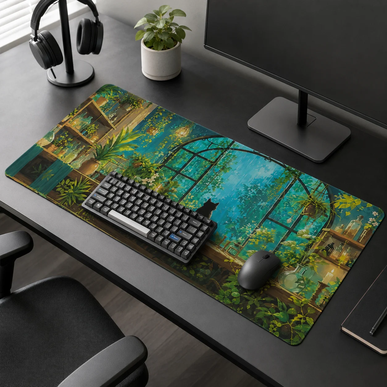 Mouse Pad Black Cat Green Plants Gamer XL Mousepad XXL keyboard pad Natural Rubber Soft Office Office Accessories Mouse Mats
