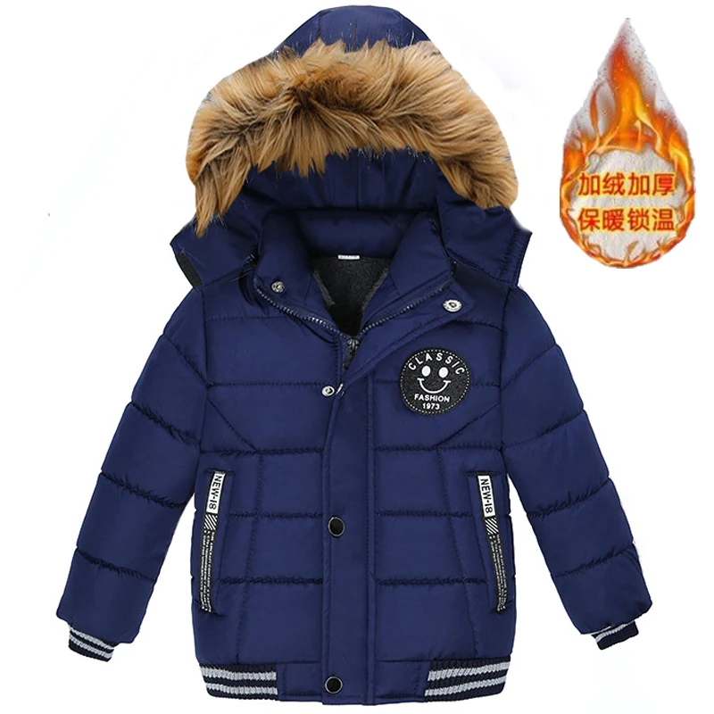 Winter Autumn Thick Boys Jacket New Solid Color Lining Plush Warm Hooded Zipper Coats For 2-6 Years Kids Down Cotton Outwear