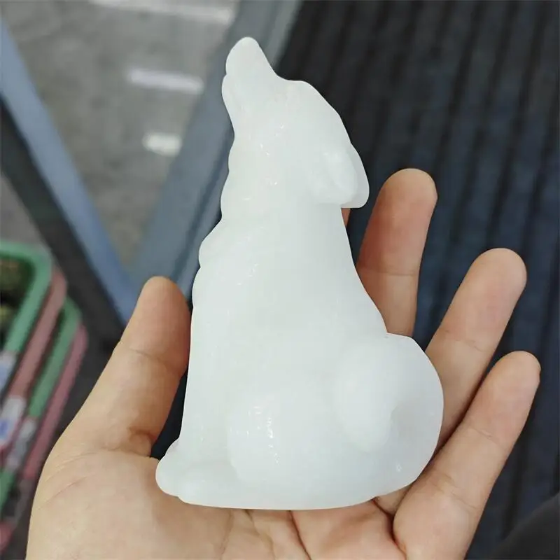 Natural Whitie Marble Jade Wolf Carving Healing Fengshui Stone Gemstones Home Decoration Holiday Gift 1PCS