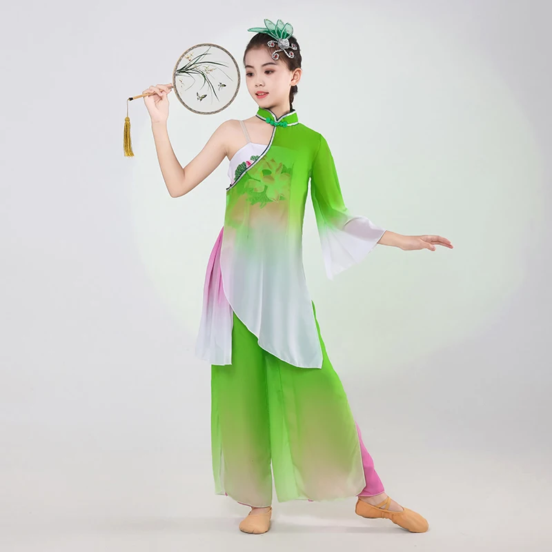 Ropa de danza clásica Yangko para niñas, trajes nacionales Hanfu de danza moderna, abanico de paraguas para niños, ropa Hmong para actuación