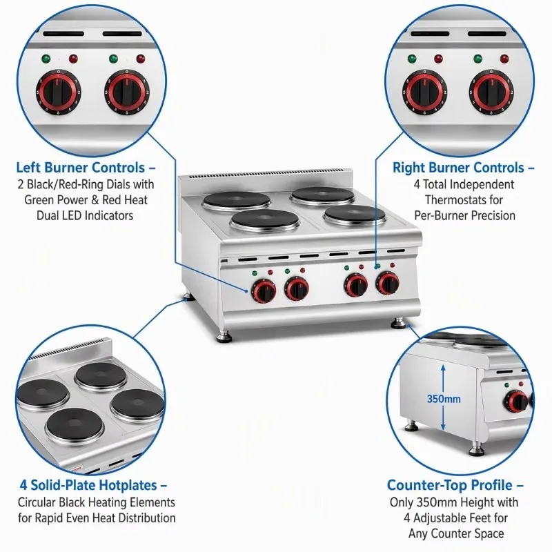 Electric 4 Burner Stainless Steel Cooking Range 8KW Power Kitchen Equipment Machine view 3