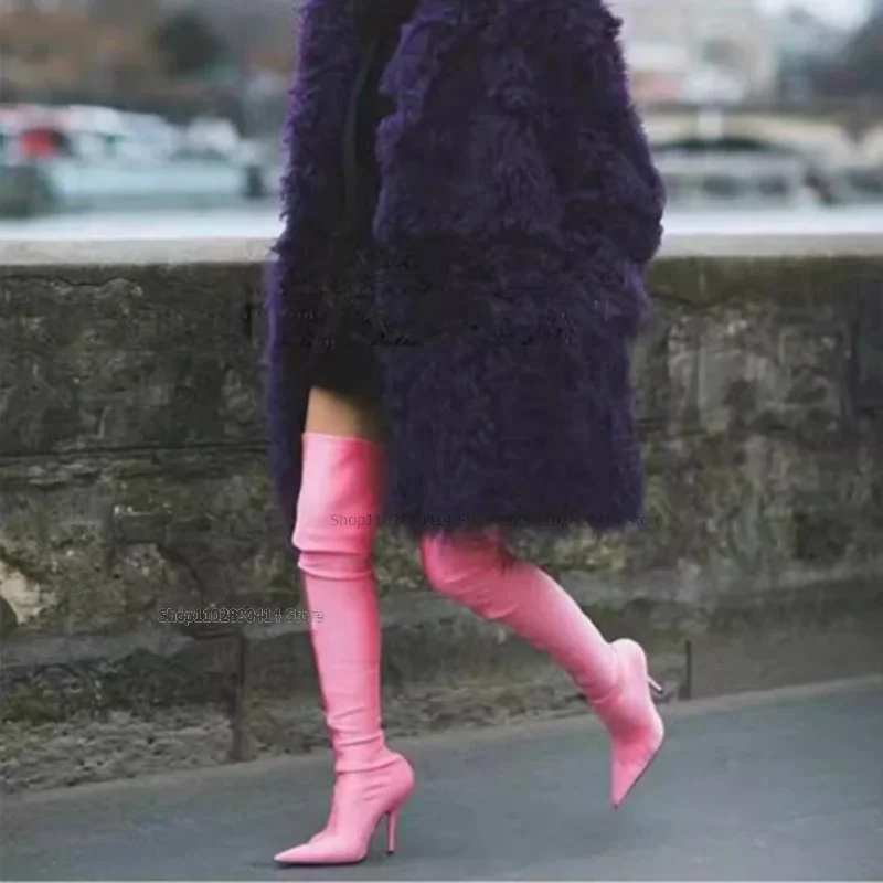 

Pink Pointed Toe Thigh High Elastic Boots Stilettos High Heels Women Shoes Novel Fashionable Sexy New 2023 Zapatos Para Mujere