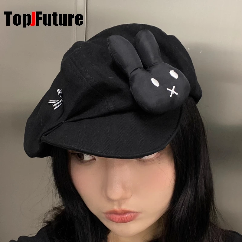 Wholesale Custom Make Customized Women Harajuku Gothic Lolita Beret hat Cap Y2K Girl Black Rabbit Bow Grid Sun hats image 2