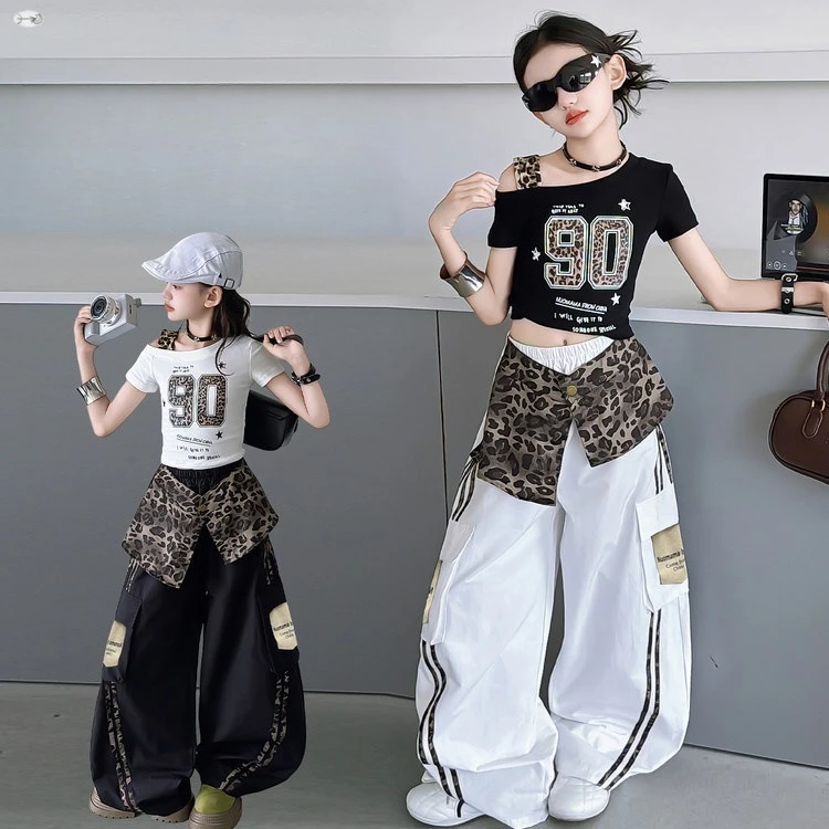 Kids Girls Casual 2pcs Outfit American Off-Shoulder Top Hip Hop Leopard Curtain Curved Pants Summer Street Fashion Clothing Set