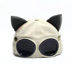 Retro Aviator Hat Peaked Cat Ears Baseball Cap with Sunglasses Pilot Attached Goggles for Men & Women Adults birthday gift