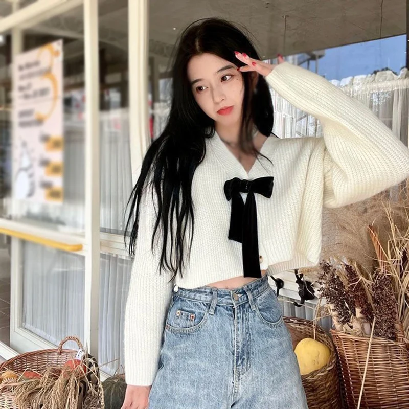 

Women's Sweater Sweet V-Neck Bow Short Jacket Knitted Long Sleeved Cardigan Women's Warm Knit Sweater