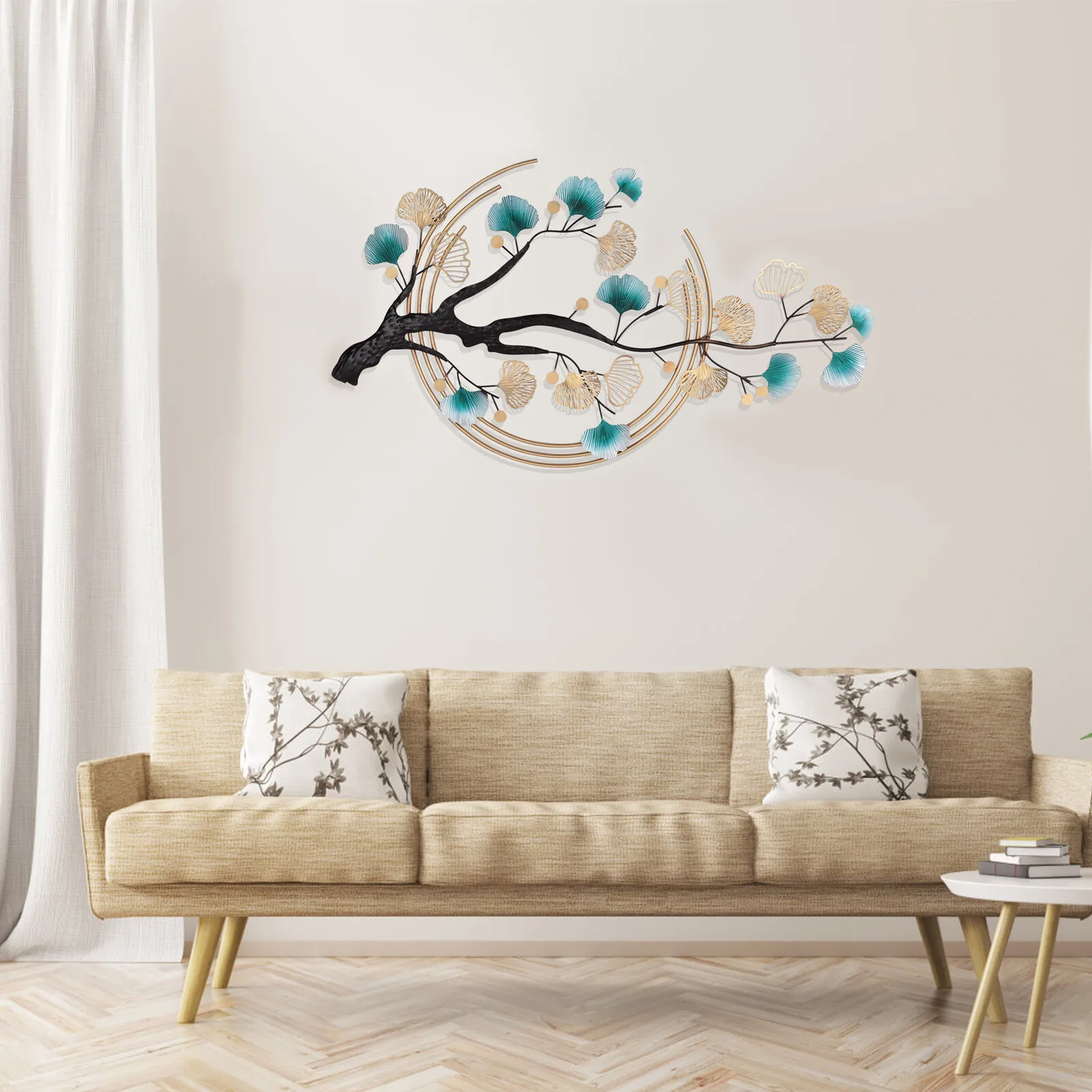 

3D Metal Ginkgo Tree Wall Art, Large Chinese Style Gold Leaf Wall Decor, Handcrafted Iron Wall Sculpture for Living Room