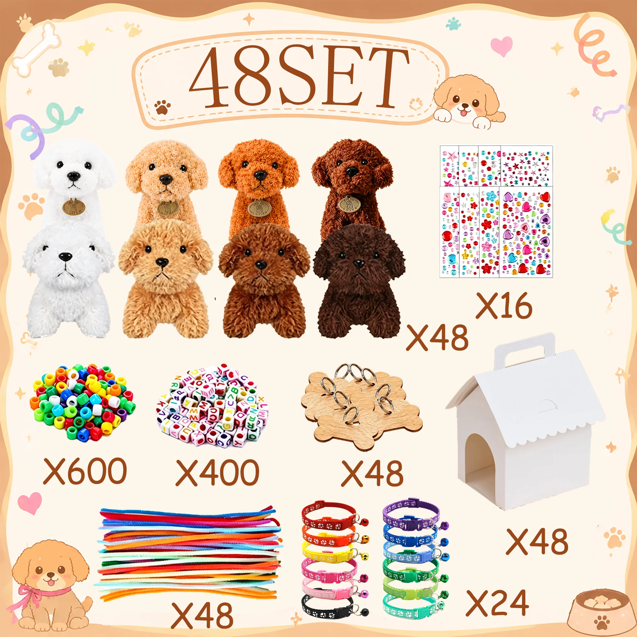 6-48er-Set DIY Adopt-a-Puppy-Party-Geschenke Teddyhund Großpackung Geburtstags-Adoptionsparty-Hunde Plüsch mit Hausperlen, Halskette, Glocke, Halsbändern