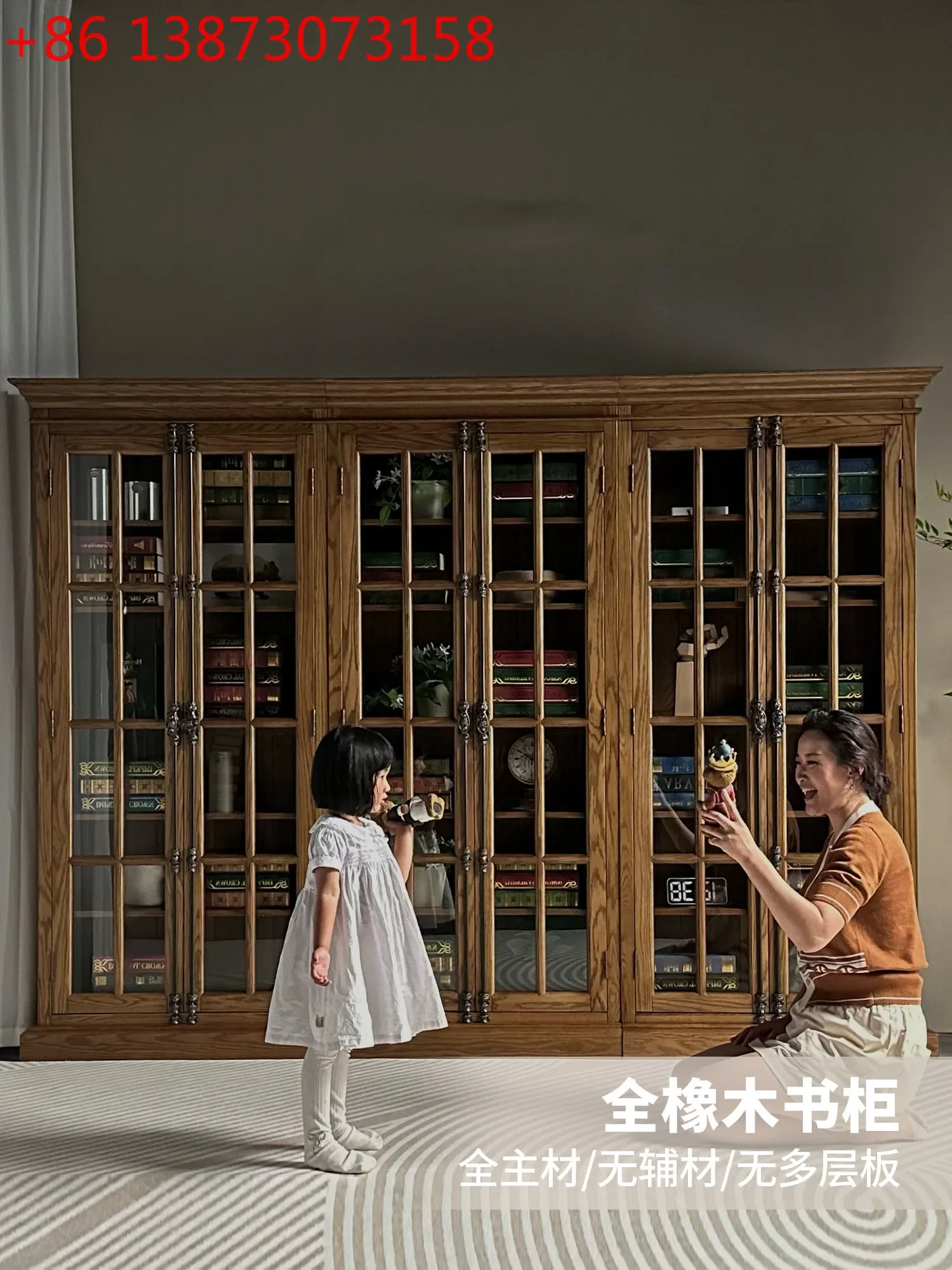American old red oak full main material villa furniture bookcase living room display cabinet