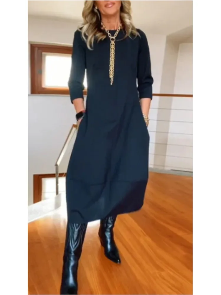 

Casual Loose Dress For Women Fashion Solid Long Sleeve O Neck Pullover Dresses Robe Femme Elegant Office Skirt Spring Summer New