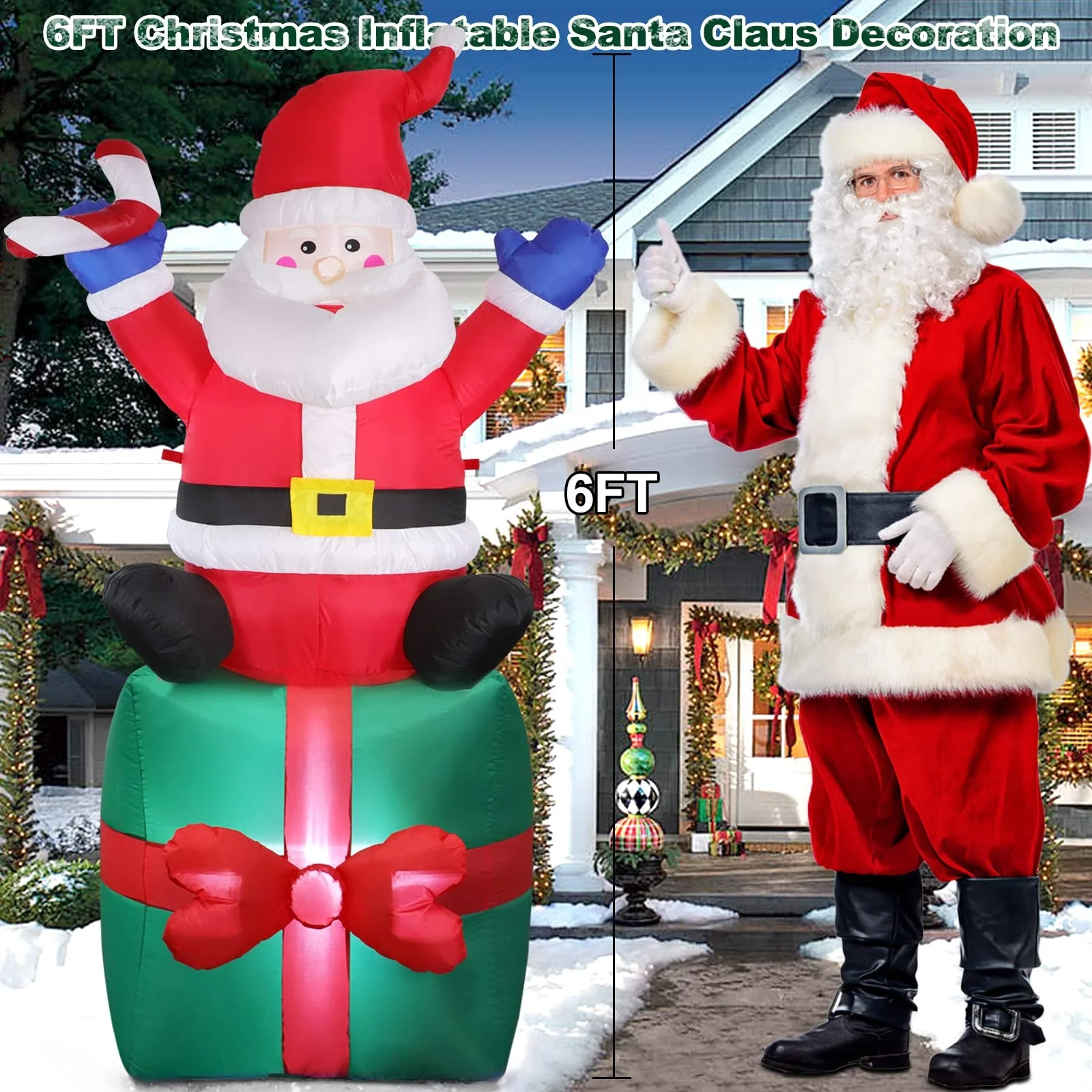 ของตกแต่งวันหยุด 6 ฟุต ของตกแต่งปาร์ตี้คริสต์มาส ของตกแต่งบ้าน ระเบียง สวน สนามหญ้า ของตกแต่งกลางแจ้ง ซานตาคลอสเป่าลมพร้อมกล่องของขวัญ