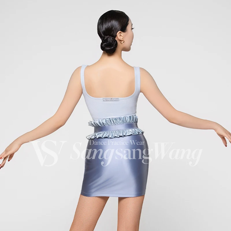 السيدات اللاتينية ملابس الرقص النساء الأزرق ارتداءها الساتان تكدرت تنورة الصيف رومبا السامبا ملابس رقص أداء ارتداء DNV24386