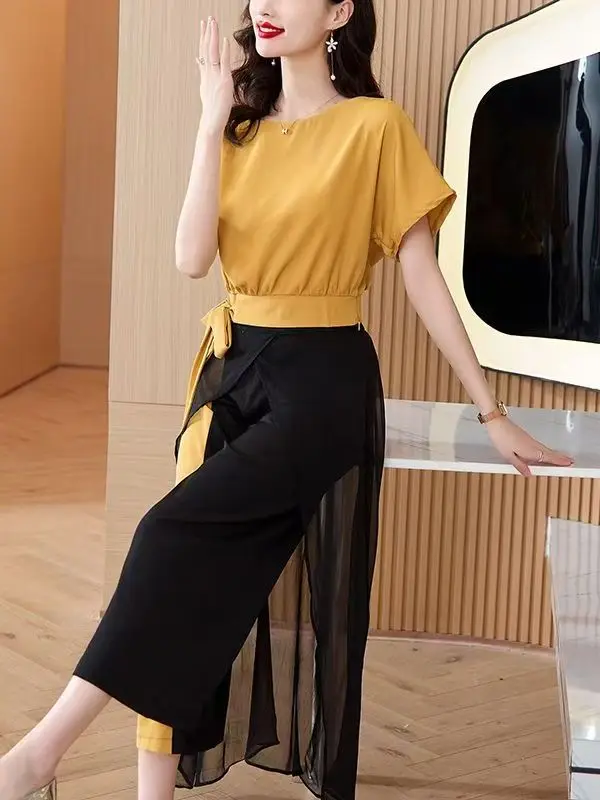 

plus Size 300 Pounds Summer New Style Elegant Mom High-End Color Block Two-Piece Set Skirt Pants Wide Leg Pants Casual Sport ...