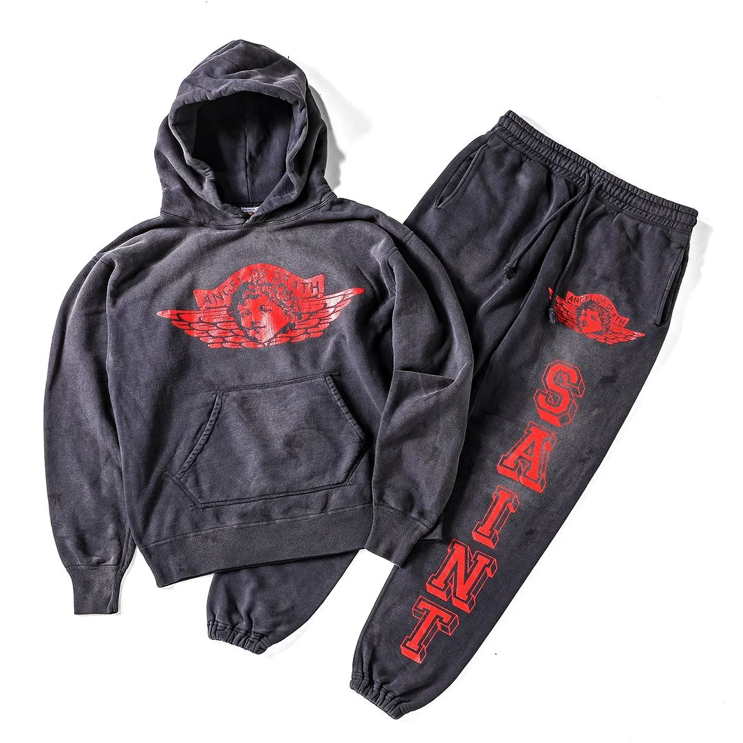 

Saint Michael Cracked Print Vintage Distressed Hooded Sweatshirt and Sweatpants men clothing tracksuit men