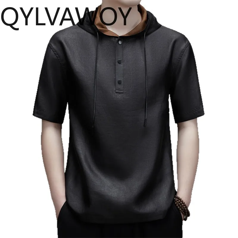 

QYLVAWOY T Shirt Hooded Shirts 2026 Summer Tops 100% Mulberry Silk Men's Shirts Short Sleeve Thin T Shirt Homme Футболка Black