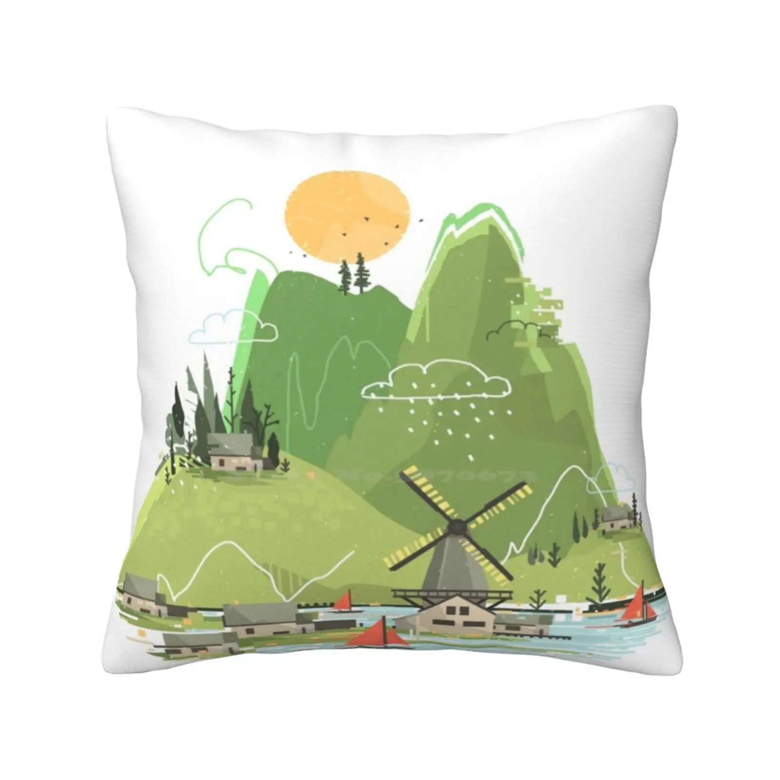 Glitchscape Fashion Sofa Throw Pillow Cover Pillowcase Landscape Glitch Nature Mountain Graphic Artistic Artsy Shapes Sun Trees