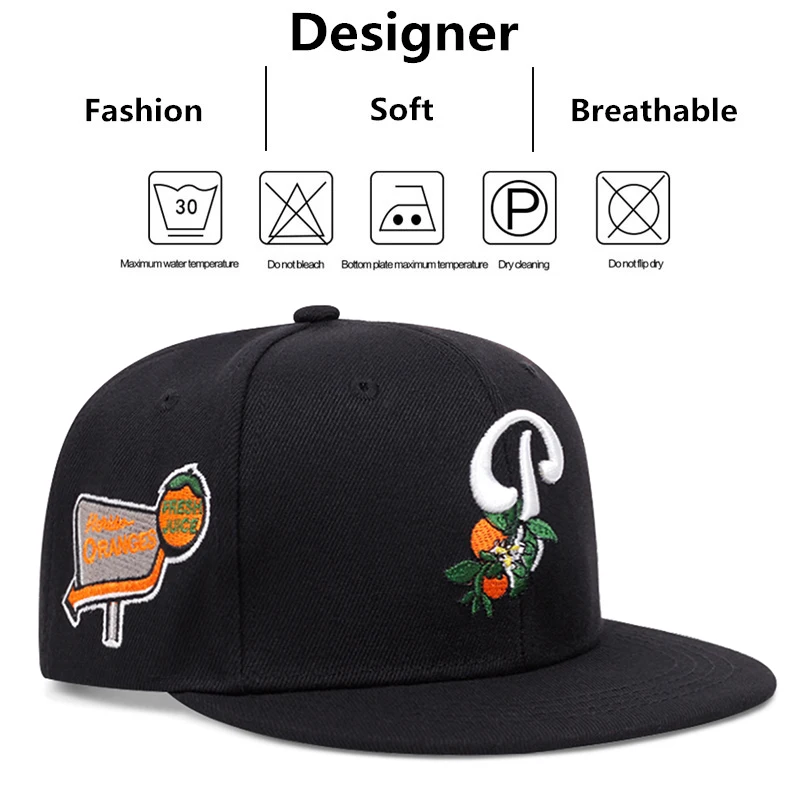 2024 New Letter P Leaf Fruit Pattern Embroidered Snapback Cap High Quality Unisex Outdoor Sun Men Woman Baseball Hat Adjustable