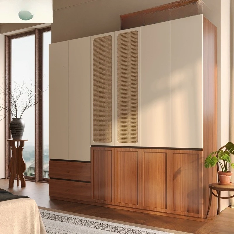 Modern simple wardrobe segmented solid wood rattan wardrobe