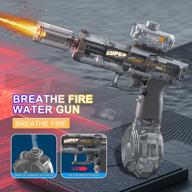 New  Electric Water Gun With light Sprays Flame Effect Continuously High-pressure High-speed Powerful Outdoor Water Gun Toys USB