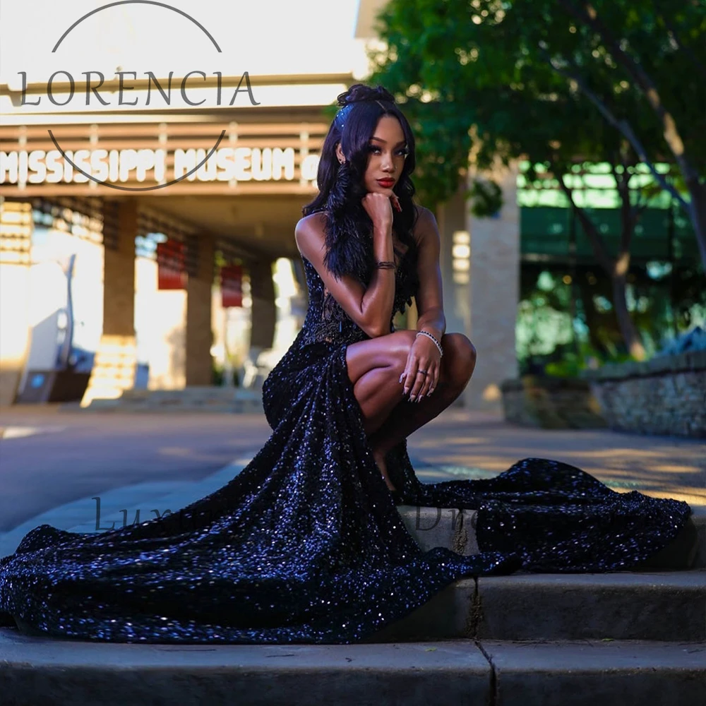 壮大なキラキラスパンコールウエディングドレス女性グリッターマーメイドイブニングパーティードレスカスタマイズされたフェザーサイドスリットローブドエテファム