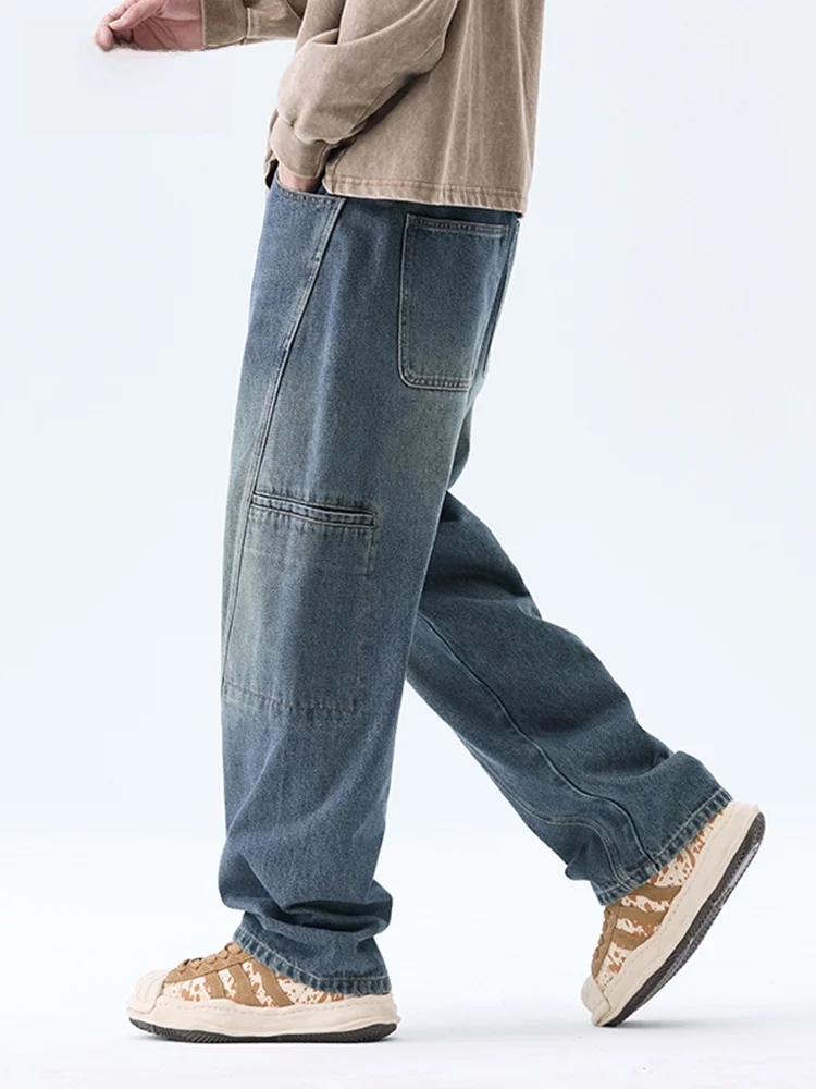 

JFU Autumn Winter Men's Loose Straight Leg Jeans Workwear Wide Leg Casual Trousers Classic Blue Vintage Sle Long Pants
