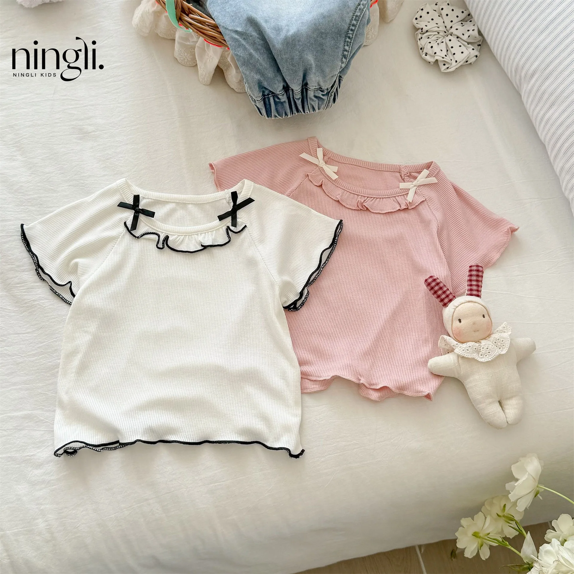 Summer cute girl T-shirt with Western style fungus lace base shirt, baby girl treasure bow short sleeved top