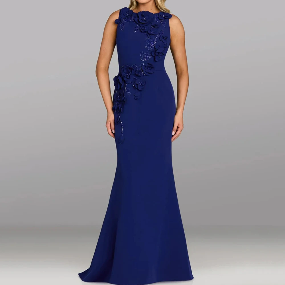 

Women's Mermaid Evening Dresses Floor-length O-neck Sleeveless Prom Gown Fashion Flowers Sequined Simple Draped Customized Gowns