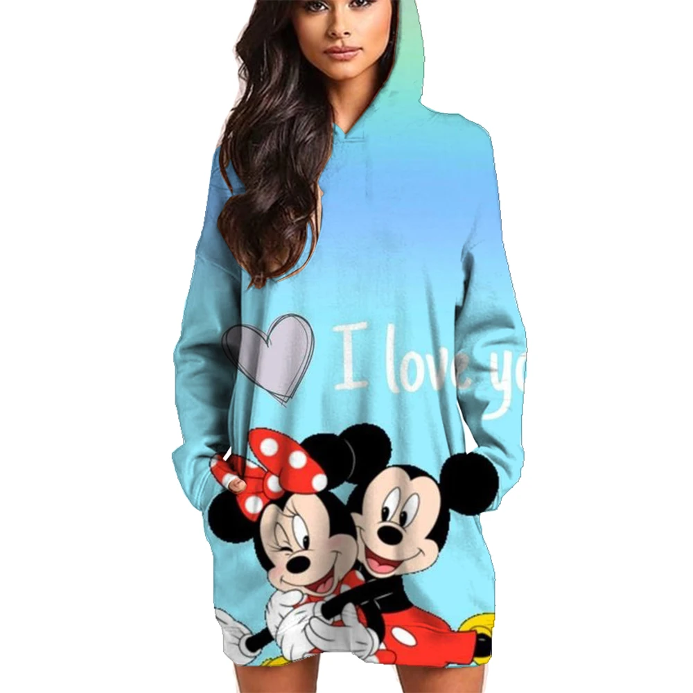 Autumn Winter Disney Mickey Mouse Mickey Print Hoodie Sweater Dress Casual Street Style Fashion Simple Ladies Sweater Dress