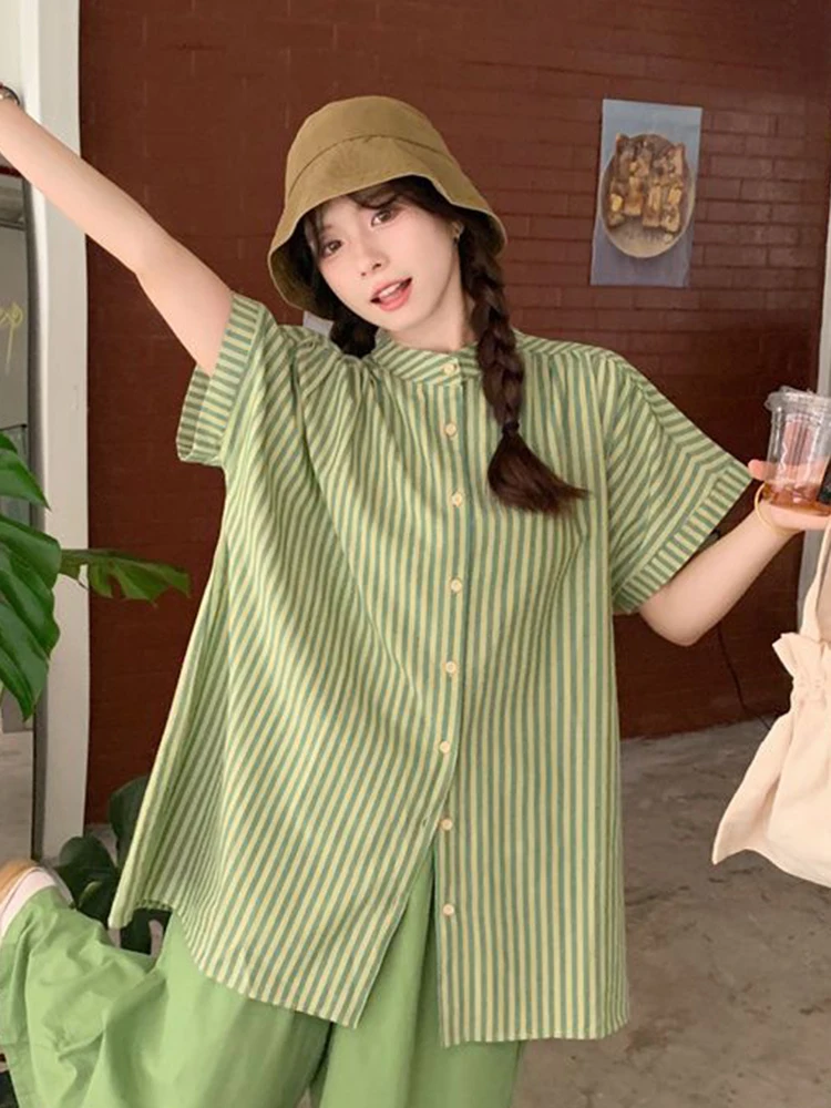 Zoki ผู้หญิง Retro สีเขียวลายเสื้อ Oversize หลวม O คอสั้นแขนเสื้อญี่ปุ่นเสื้อ Harajuku สบายๆฤดูร้อน Preppy สไตล์เสื้อ