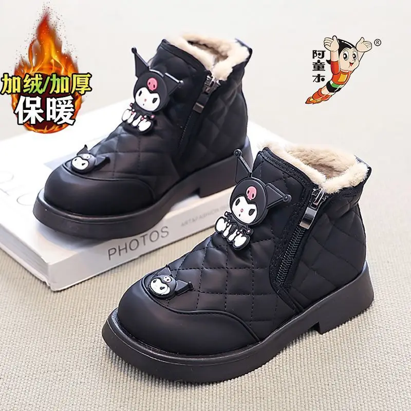 

Зимние детские удобные теплые ботинки Kawaii Kuromi Sanrio с милыми героями мультфильмов, студенческая флисовая непромокаемая хлопковая обувь, подарок для детей