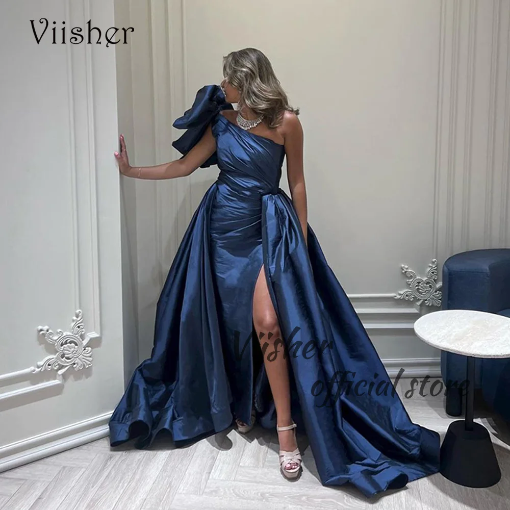 

Viisher Navy Blue One Shoulder Evening Dresses with Slit Pleats Satin Long A Line Formal Dress Dubai Arabic Prom Party Gowns