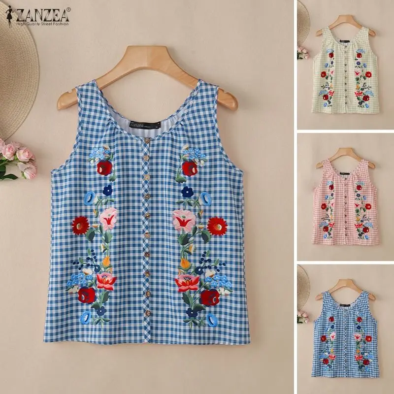 Damen Bohemian ärmellose Blumen-Tanktops ZANZEA Sommerbluse Vintage Urlaub Strand Plaid Camis Casual Buttons Up Tees Blusas