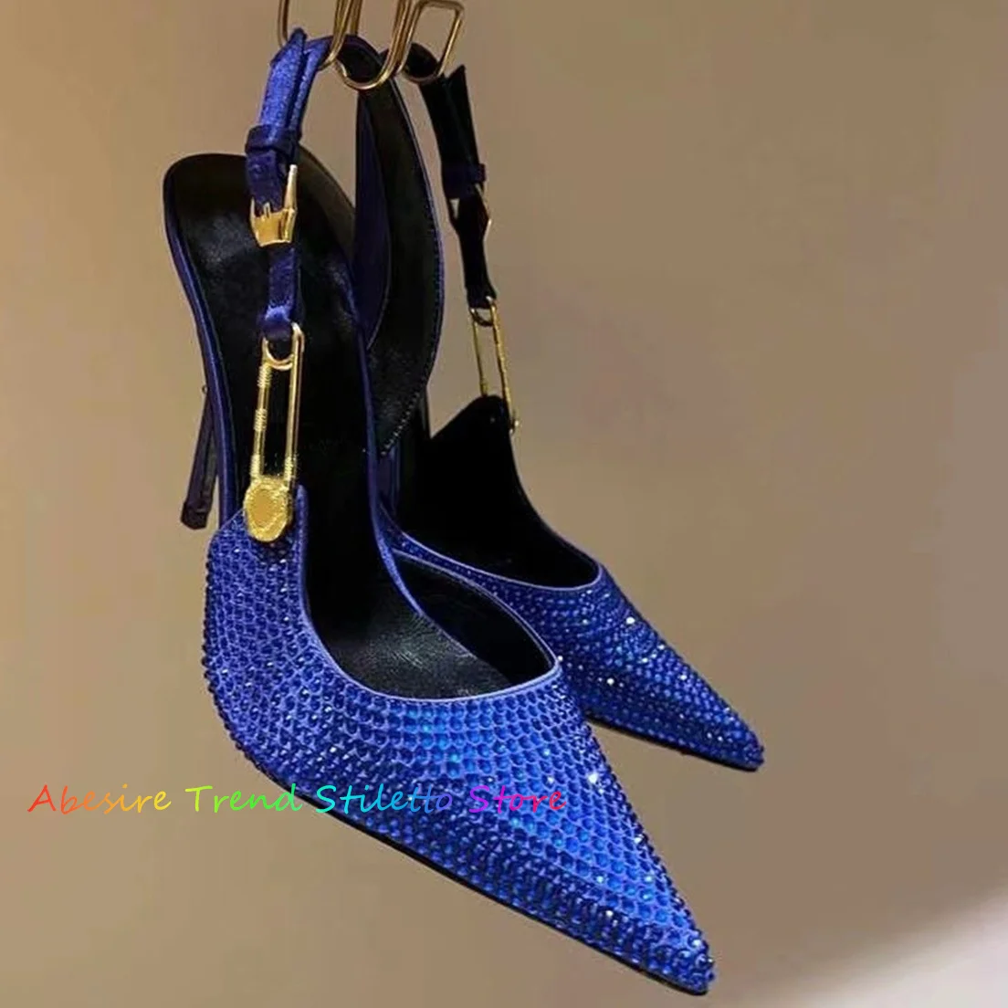 New Women Diamond Hot Rolled Pointed Toe Metal Buckle High Heel Slingback Shoes Design Lady High Heel Candy Color Crystal Shoes