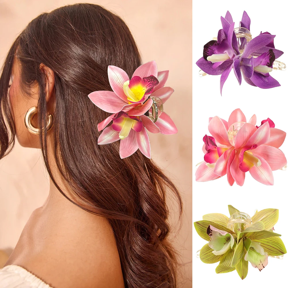 Simulated Orchid Hairpin Claw Women Flower Seaside Holiday Hair Clip Crab Girls Temperament Ponytail Shark Clip Hair Accessories