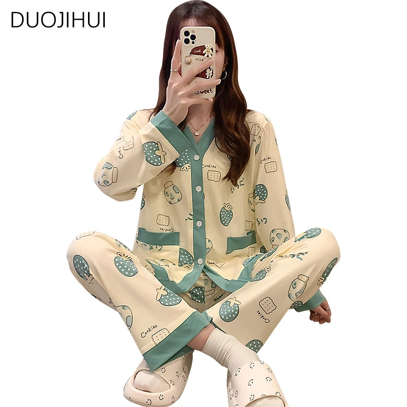 DUOJIHUI Sweet Contrast Color Two Piece Loose Female Pajamas Set Autumn New Simple Fashion Printed Casual Home Pajamas for Women