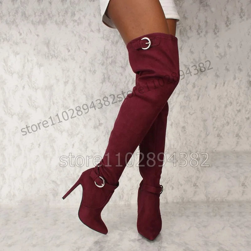 Pink Burgandy Belt Fastener Decor Pointed Toe Boots Side Zipper Women Shoes Thin High Heels New Fashion 2023 Zapatos Para Mujere