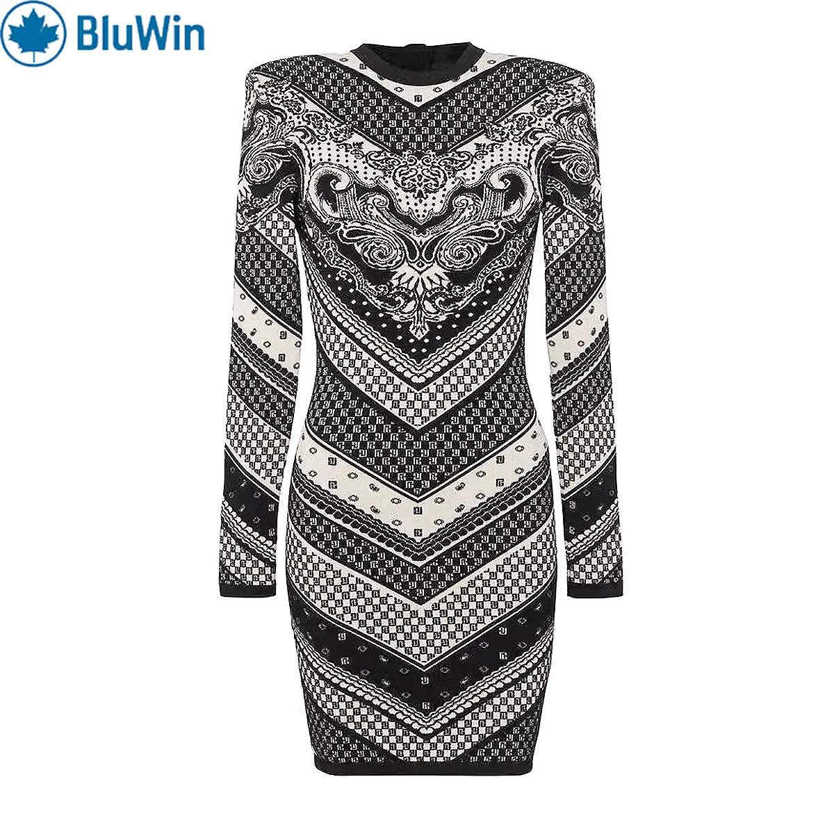 ชุดเดรสบอดี้คอนผ้าถักพรีเมียม BluWin สำหรับผู้หญิง แขนยาว คอกลม ทรงเข้ารูป เหมาะสำหรับใส่ไปทำงานหรือไปงานเลี้ยงอาหารค่ำ