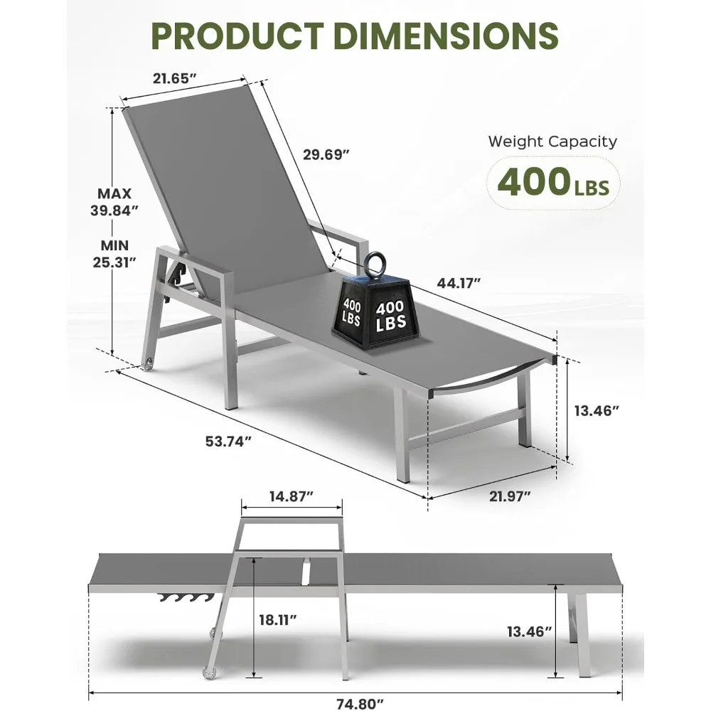 เก้าอี้พักผ่อนกลางแจ้งแบบมีล้อและที่วางแขน, เก้าอี้พักผ่อนริมสระน้ำทำจากอลูมิเนียม ปรับเอนได้ 5 ระดับ