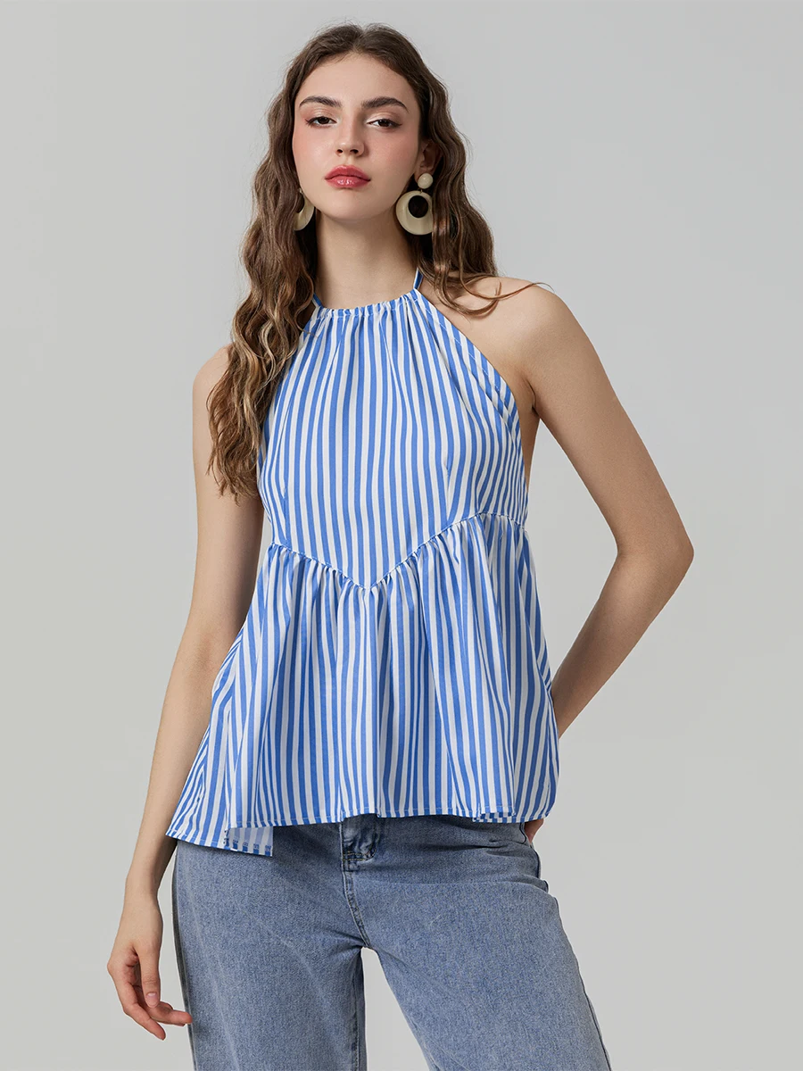 Y2k Halter Stripe Peplum Tops for Women Blackless Tie Up Sexy Sleeveless Tank Ruffled Vest Going Out Tops Streeewear