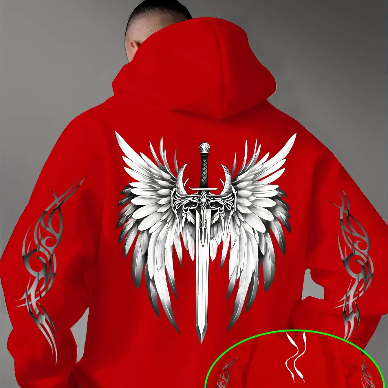 Men's Gothic Hoodie Winged Sword Skull Tribal Tattoo Graphic Back Sleeve Print Oversized Pullover Sweatshirt Streetwear
