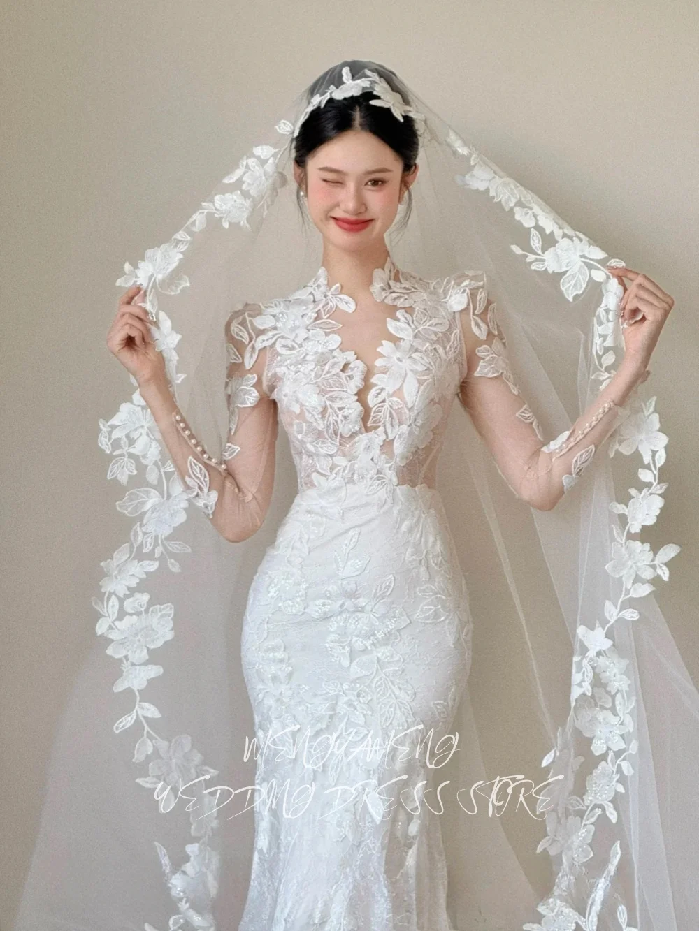 ZHUISHU Elegante Applikationen Korea Meerjungfrau Hochzeit Kleid Mit Langen Ärmeln V-ausschnitt Backless Brautkleider Angepasst Vestido de novia