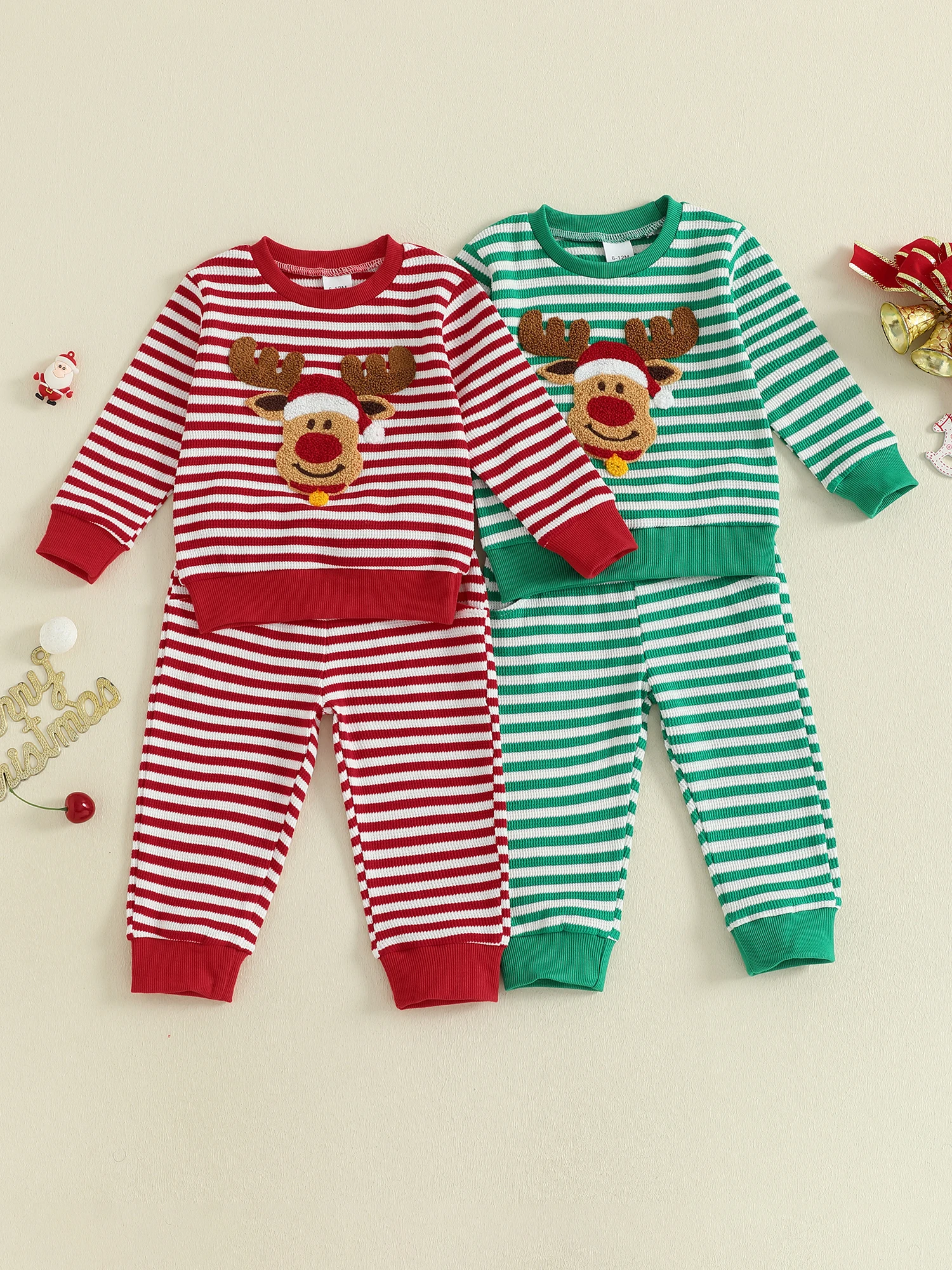 

Adorable Infant Reindeer Embroidered Sweater and Pants Set Stylish Long Sleeve Striped Christmas Outfit for Toddlers