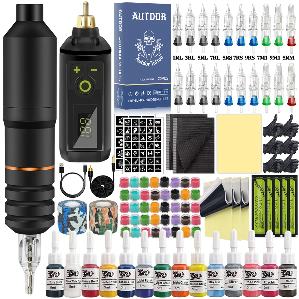 Wireless Tattoo Machine Pen Kit Cartridge Tattoo Pen Machine Set with Power Supply Needles Inks Accessories for Tattoo Beginner