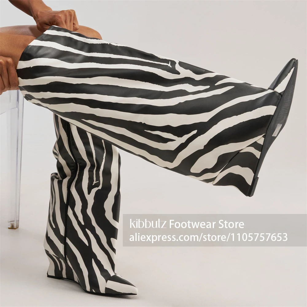 Wide Oversized Pant Tube Shaft Boots Sharp Pointed Toe Boots Integrated Slanted Wedge Heel Boots Inner Side Zipper Closure Boots