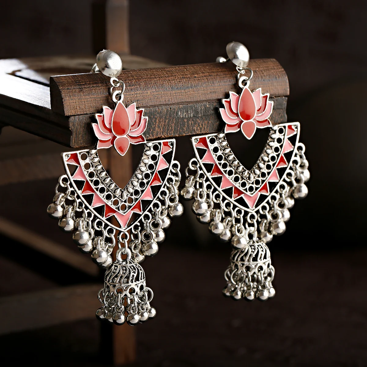 Ethnic Lotus Flower Silver Color Jhumka Earrings Women's Retro Geometric Beads Tassel Statement Earrings Fashion Indian Jewelry