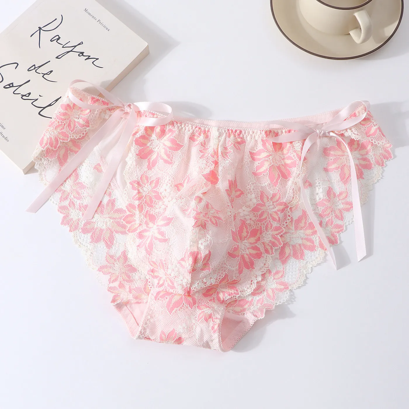 Spring New Man's Pink Lace Floral Bowtie Cute Brief Panty Live Show Dance Private Party Costume Harajuku