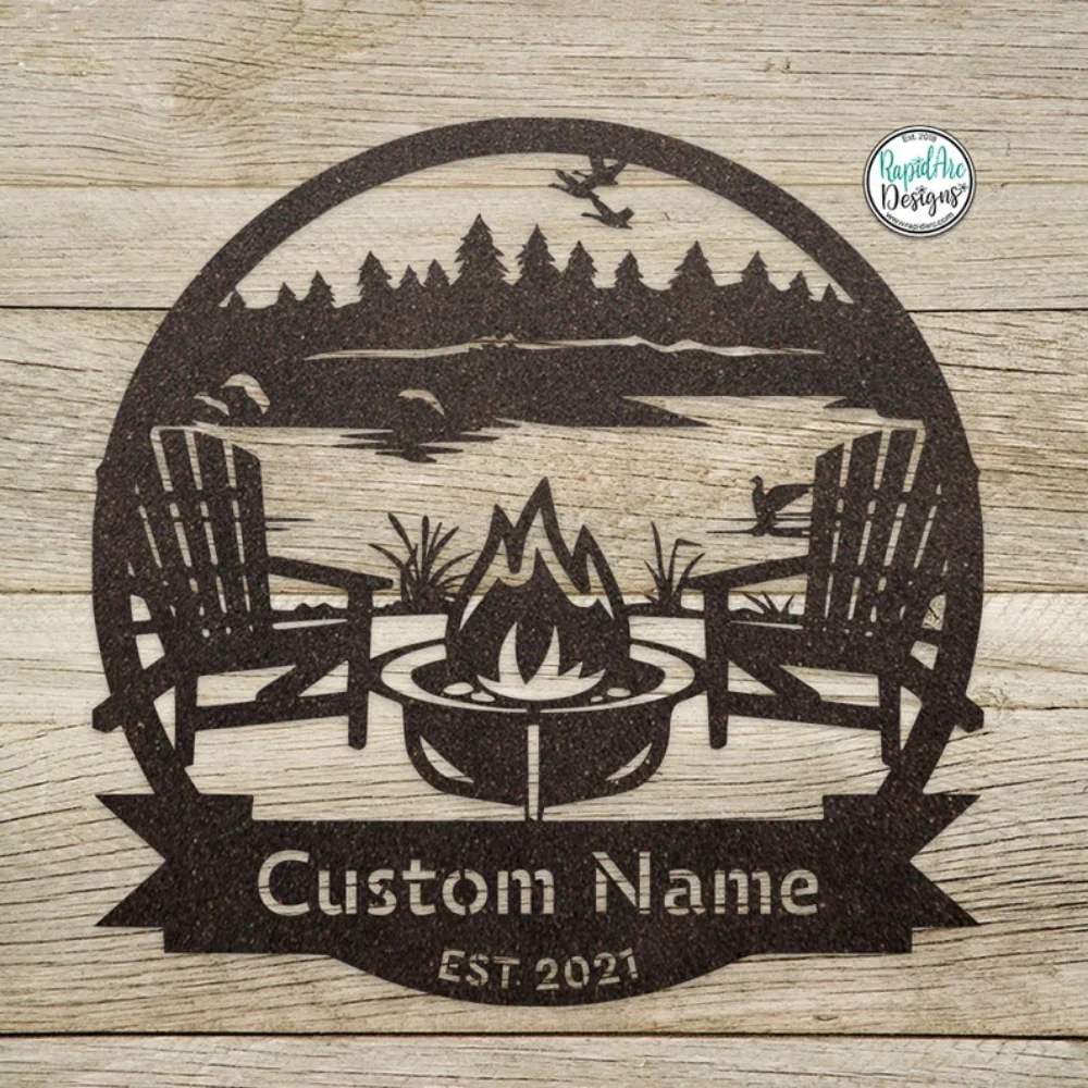 Custom Campsite Monogram with Lake Scene Personalized Last Name Sign for Lake House Custom Metal Sign Ideal Campfire Decor