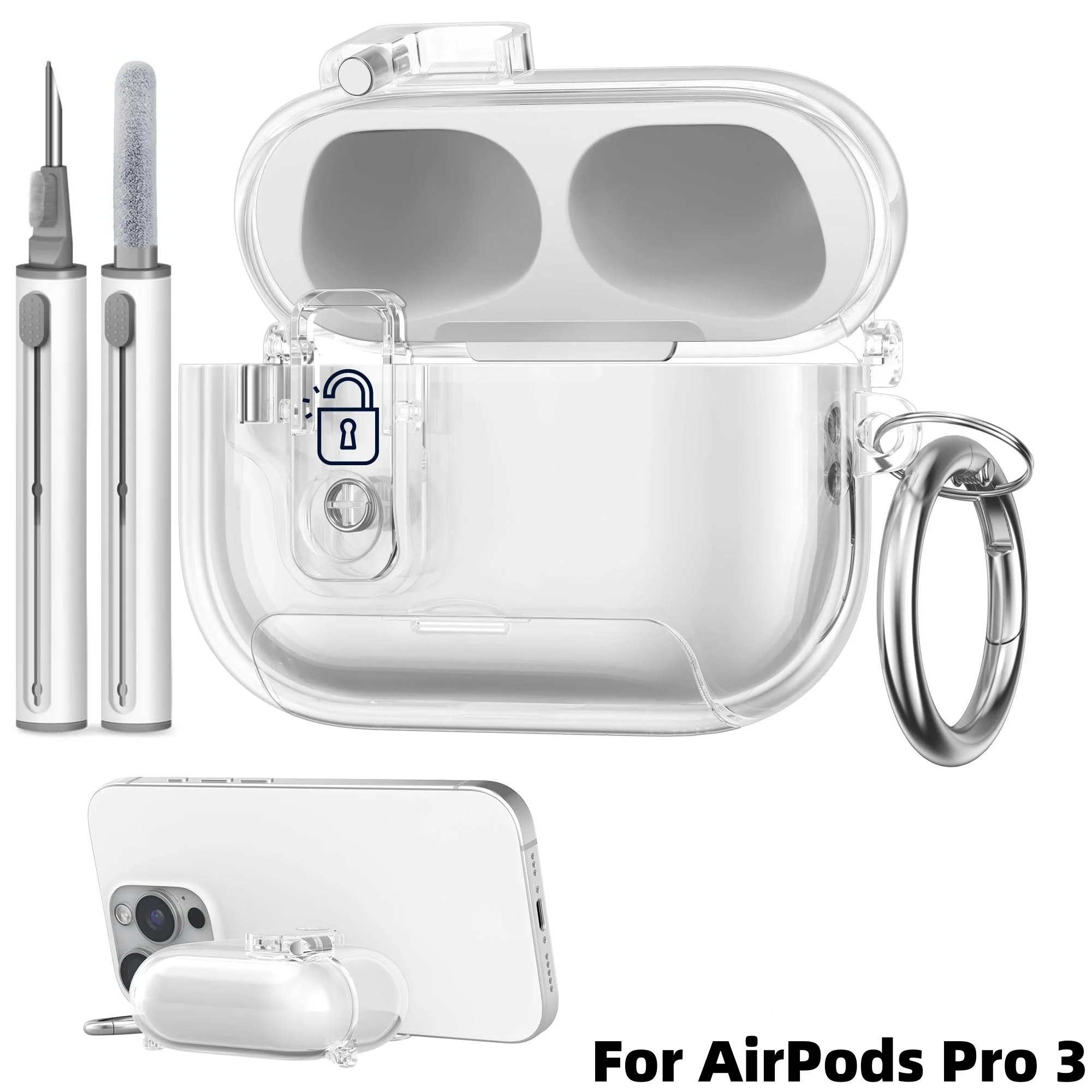

Safety Lock for AirPods Pro 3 Clear Case (2026) with Phone Stand&Cleaning Kit Soft TPU Cover for Airpods Pro 3rd Generation Case